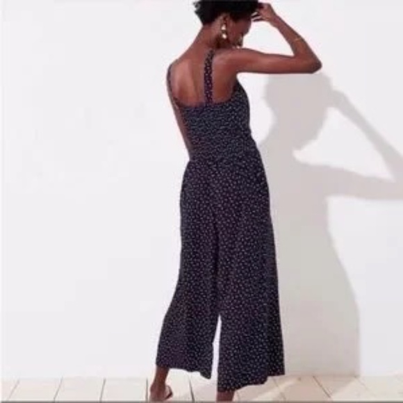 Loft Navy with White Polka Dots Jumpsuit wide leg smocked back size small - Picture 2 of 13
